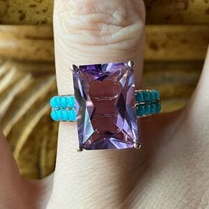 Rose de France Amethyst Sleeping Beauty Turquoise Sterling Silver Ring Size 8